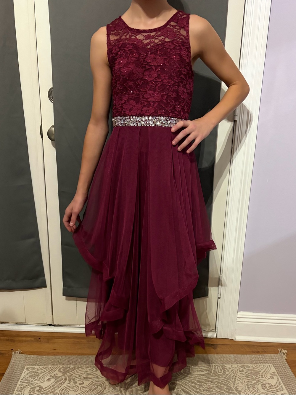 Speechless girls Burgundy Lace & Tulle High-Low formal dress sz 14